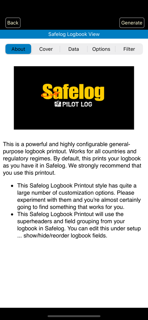 Safelog Pilot Logbook - Safelog Pilot Logbook app interface showing configuration settings for generating professional logbook printouts.