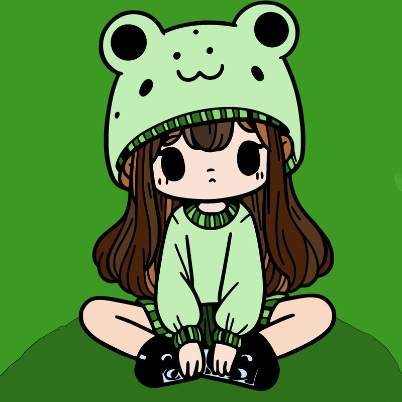 a girl wearing a frog hat and some frog socks