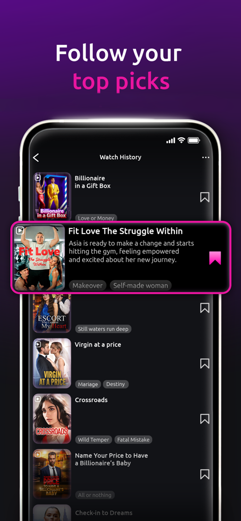 A mobile app interface displaying a list of short drama series titled Follow your top picks