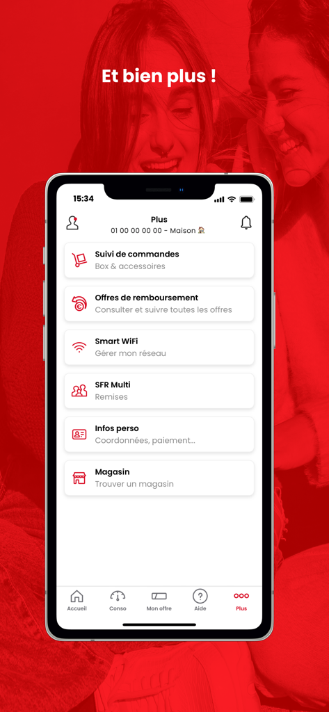 SFR & Moi - SFR and Moi app screen showing the More menu with options for order tracking, smart wifi management, and personal account details.
