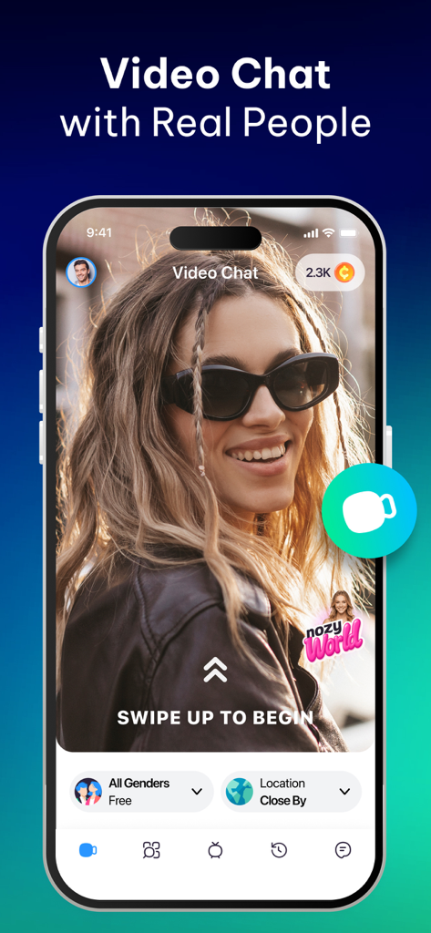 Nozy app interface showing a live video chat screen with gender and location filters