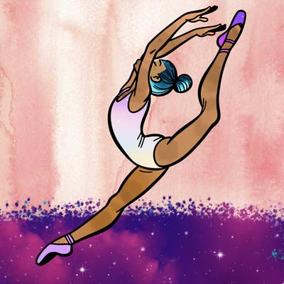 gymnast doing a leap in a leotard with a bent back leg