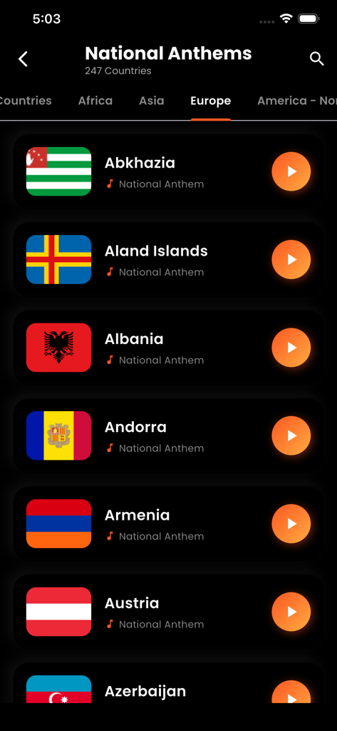 National Anthem Songs - List of European countries with national anthem play buttons and flags.