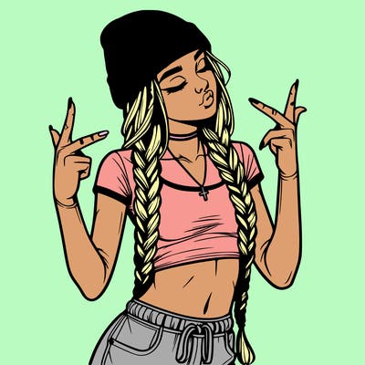 realistic teenage girl with braids and a beanie and crop top doing 🫶🏼