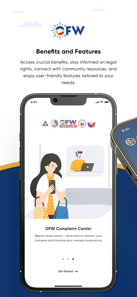 OFW App - OFW App mobile interface displaying benefits features and complaint center information