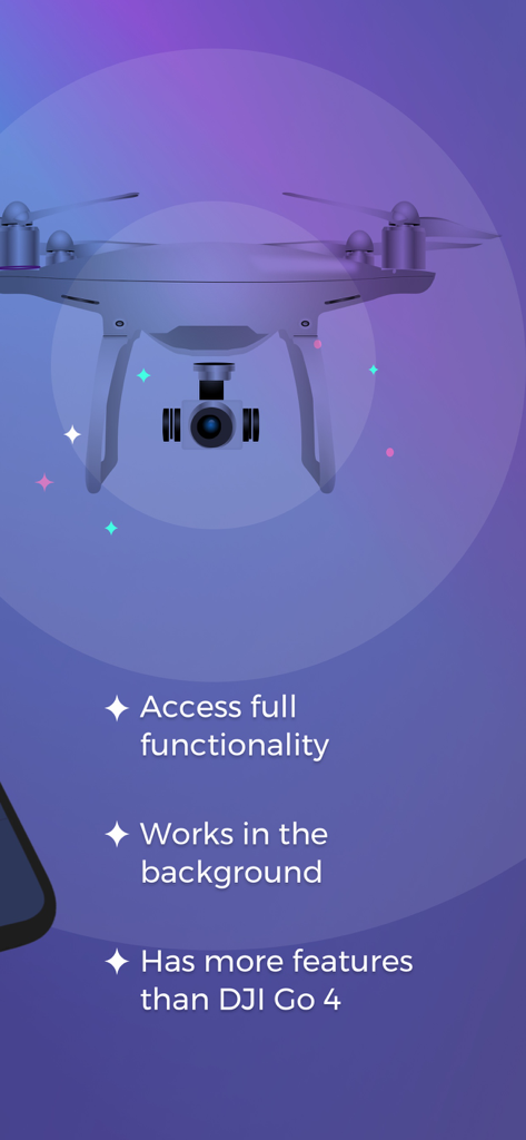 Sync for DJI: Go Mobile First - Captura de pantalla de marketing de la aplicación Sync for DJI destacando el trabajo en segundo plano y las funciones mejoradas sobre DJI Go 4