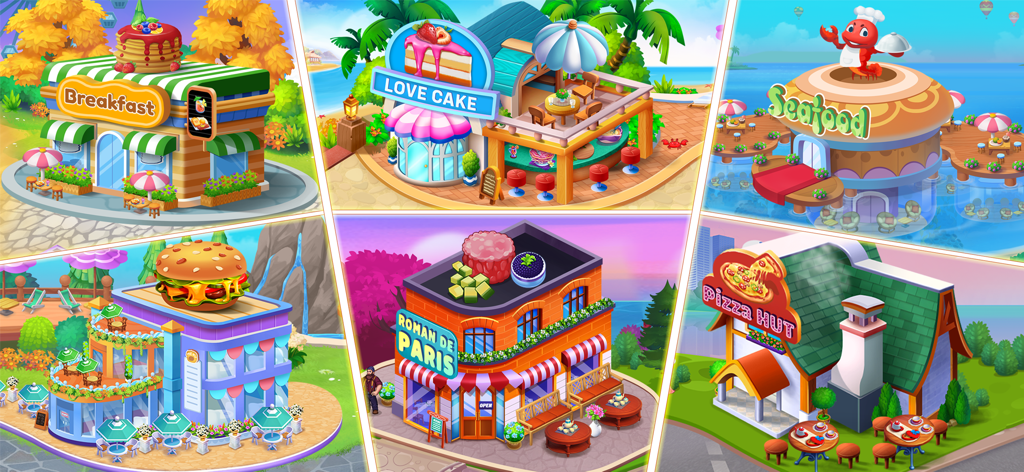 Food Voyage: Fun Cooking Game - 朝食店、ケーキ屋、シーフードレストランを含む、Food Voyageゲームの様々なカラフルなレストランの場所とカフェを示すコラージュ