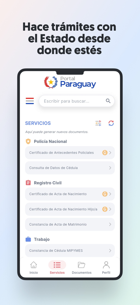Interfaz de la aplicacion PortalParaguay mostrando opciones de tramites gubernamentales como antecedentes policiales y actas de nacimiento