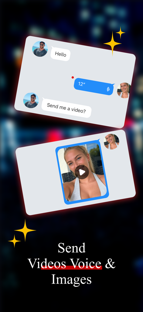 Kinks: Meet Couples & Singles - Interfaz de mensajería instantánea de la aplicación de citas KinkS mostrando intercambio de texto, voz y video entre usuarios