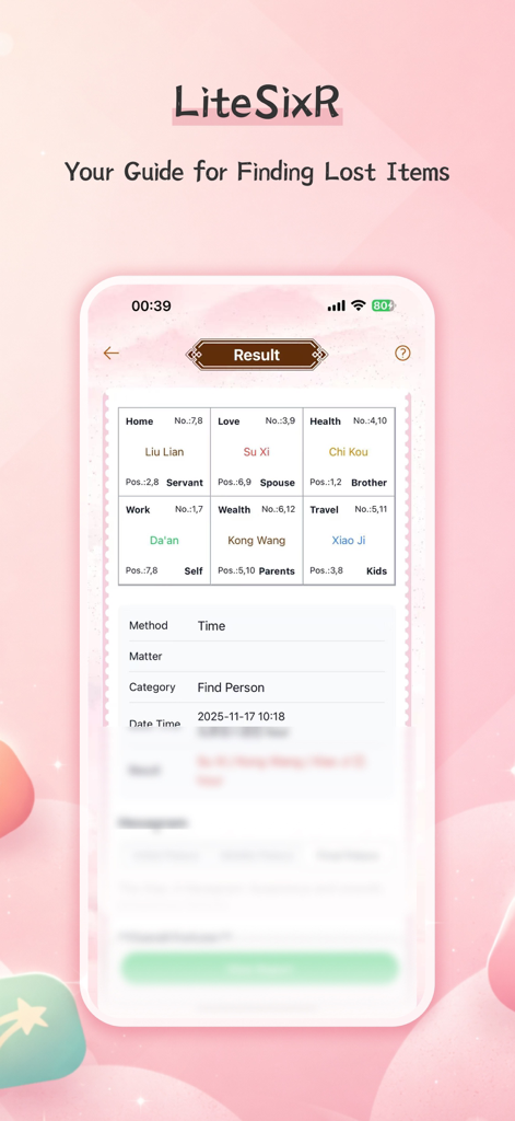 AI-powered divination screen for finding lost items in the YiMatrix app