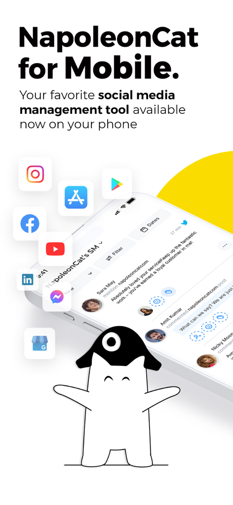 NapoleonCat mobile app interface showing a unified inbox for managing multiple social media platforms.