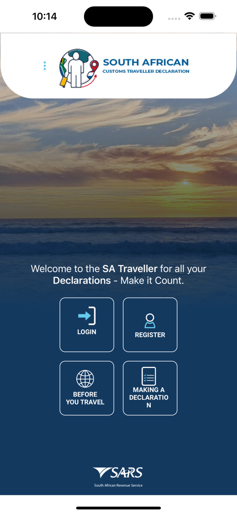 SARS SA Traveller Management System app home screen with customs declaration options