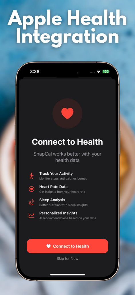 AI Calorie Deficit - SnapCal - Pantalla de la aplicación SnapCal que muestra la integración con Apple Health para sincronizar datos de frecuencia cardíaca de actividad y sueño