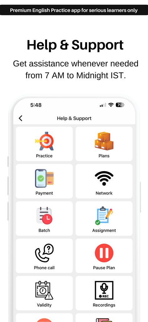 EngVarta: English Speaking App - 練習支払いプランと課題のアイコンを示すEngVartaヘルプとサポートインターフェース