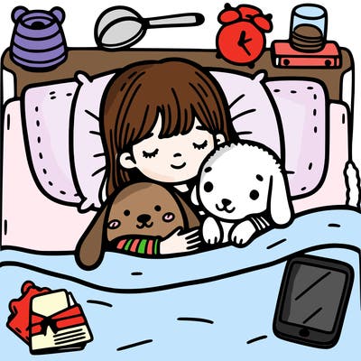 a girl in bed, cuddling a dog with stuffed animals and a phone in the background