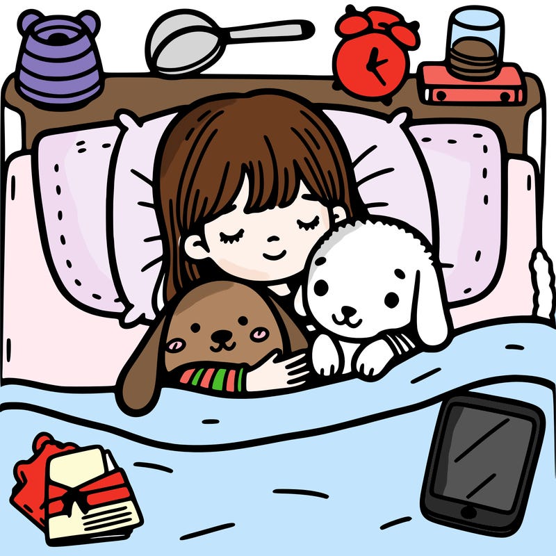 a girl in bed, cuddling a dog with stuffed animals and a phone in the background