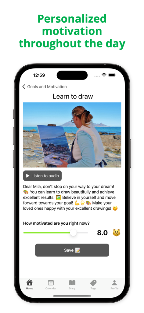 Mila app interface displaying personalized motivation for a goal to learn to draw