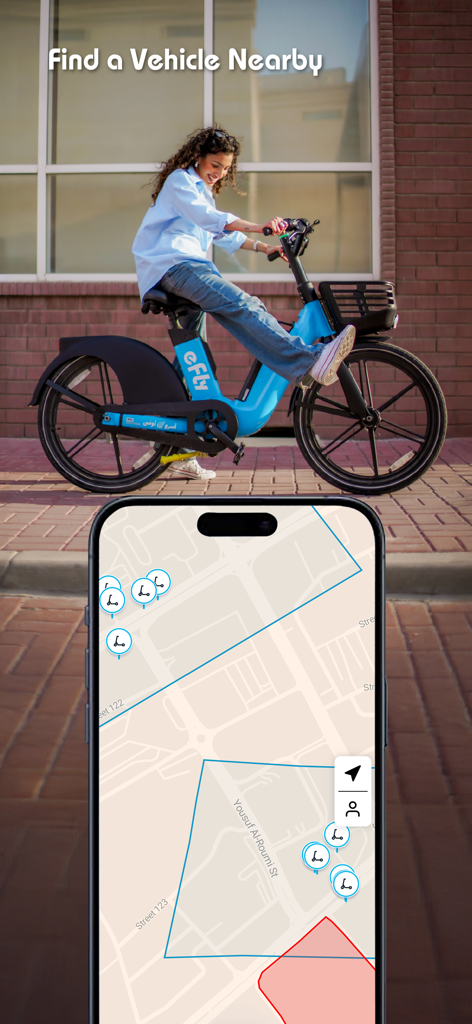 A woman riding a blue E-FLY electric vehicle and a phone displaying a map of nearby scooters.