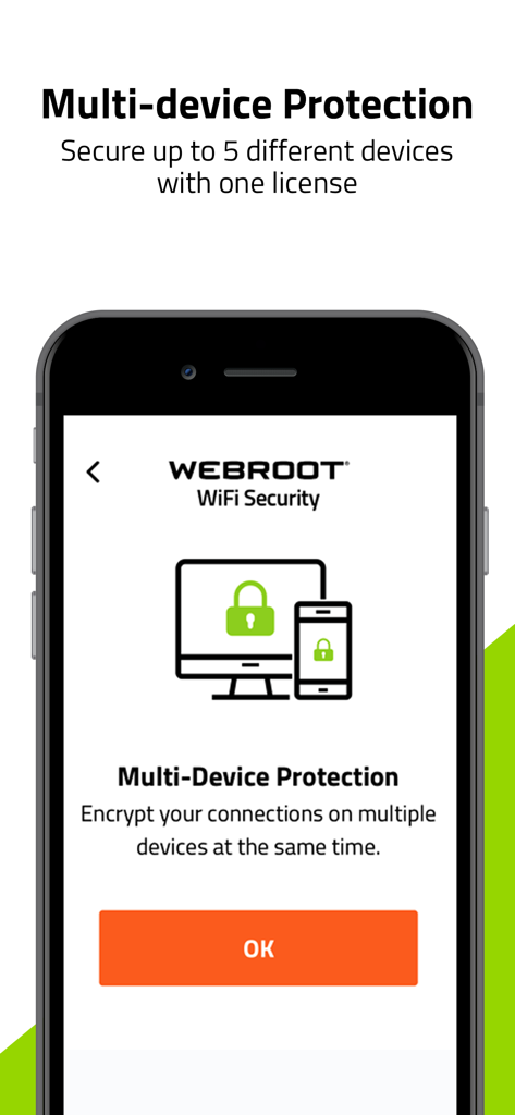 Webroot app interface showing multi-device protection feature for up to 5 devices