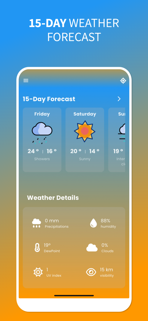 Local Weather Today: Real-Time - Local Weather Todayアプリのスクリーンショット。気温と詳細な天気データを含む15日間の予報が表示されています。