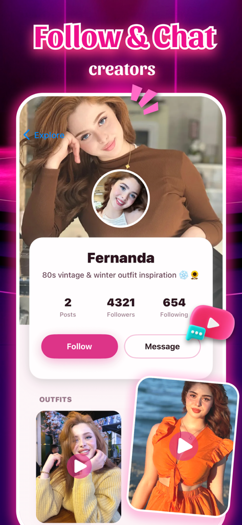 Touchr - Video - Mobile app screen showing a fashion creator profile with options to follow and message.