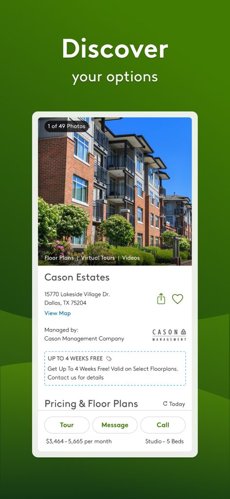 Apartments.com Rental Finder - Captura de pantalla de la aplicación Apartments.com que muestra un listado detallado de propiedades de alquiler en Dallas con precios y opciones de contacto