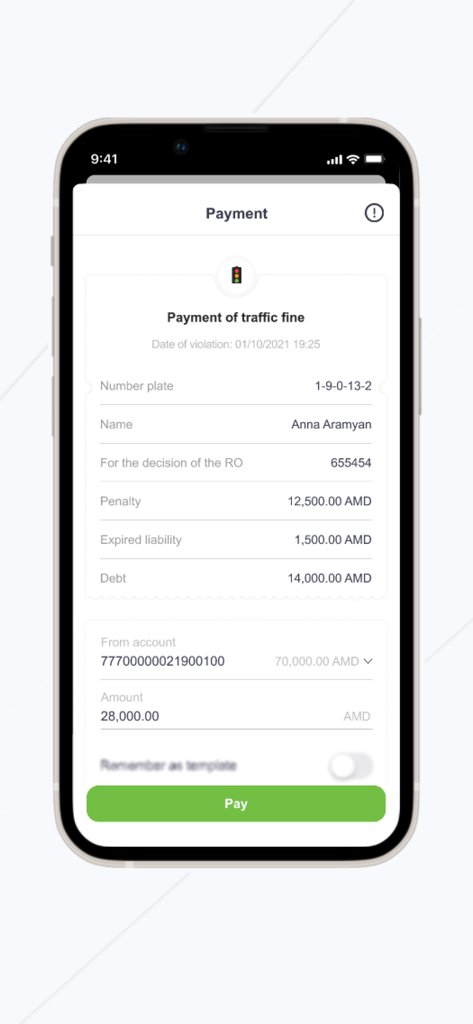 Ameria Mobile Banking - Ameria Mobile Banking app interface showing a payment screen for a traffic fine with penalty details in Armenian Dram