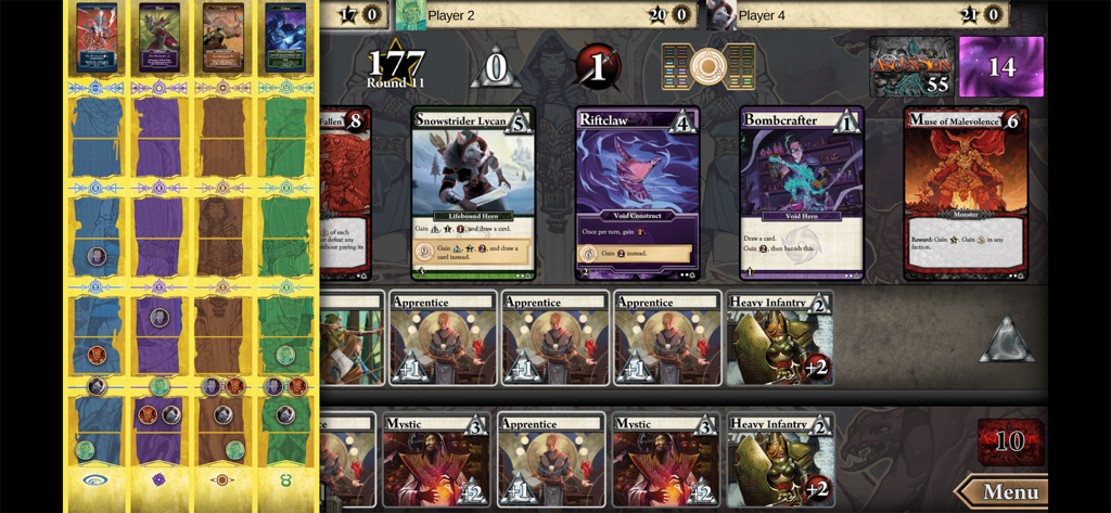 Ascension: Deckbuilding Game - Strategic gameplay screen of Ascension Deckbuilding Game showing fantasy cards and player renown tracks