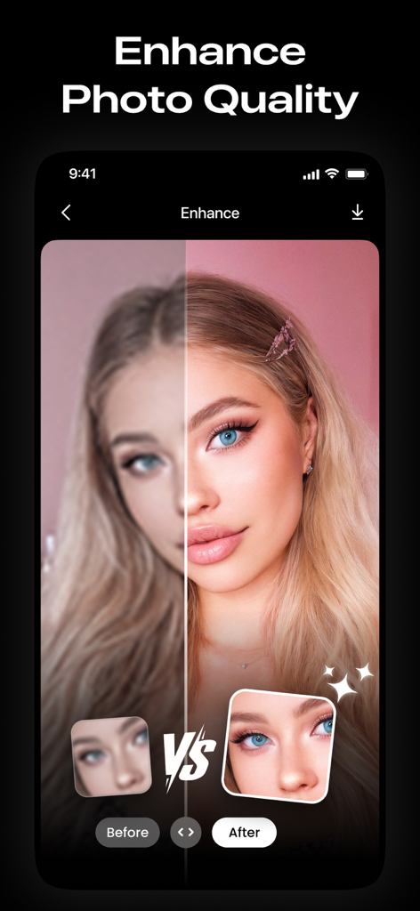 A side by side comparison showing a blurry photo transformed into a sharp high definition portrait using AI enhancement