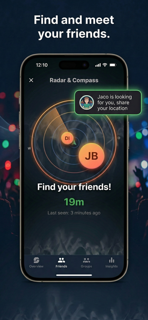 DrinkSync! - Interfaz de la aplicación DrinkSync que muestra la función de radar y brújula para encontrar y reunirse con amigos en una multitud.