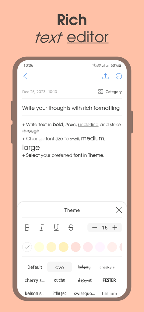 Open Note - Ghi Chú Nhanh - Interface of the Open Note app showing rich text editing features including font styles and text formatting