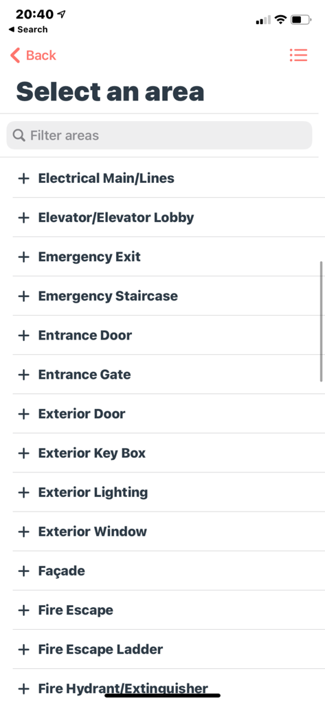 EasySet - Security Templates - A mobile app screen listing various building areas for physical security assessment like entrance doors and emergency exits