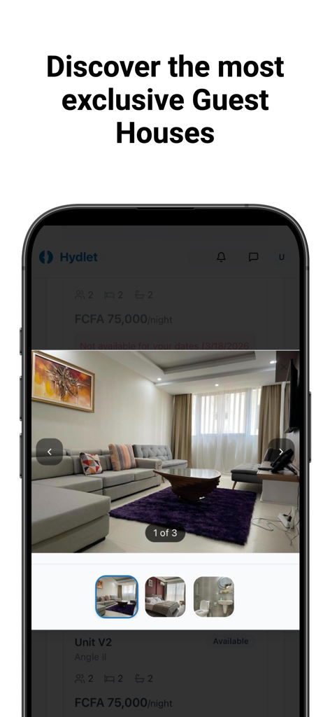 Hydlet - Interfaz de la aplicación Hydlet que muestra un listado verificado de casa de huéspedes de lujo con fotos interiores y precios