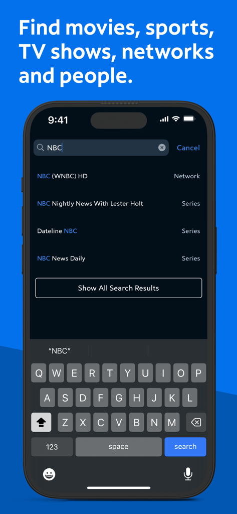 Spectrum TV - Interfaz de búsqueda de la aplicación móvil Spectrum TV que muestra resultados de noticias y programas de la NBC