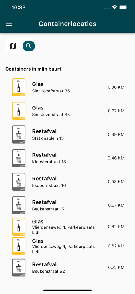 Blink Afval app screen showing a list of nearby glass and residual waste container locations with distances