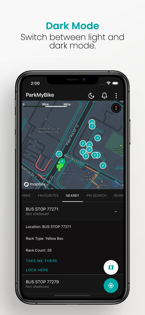 ParkMyBike app screenshot showing bicycle parking locations on a dark mode map interface