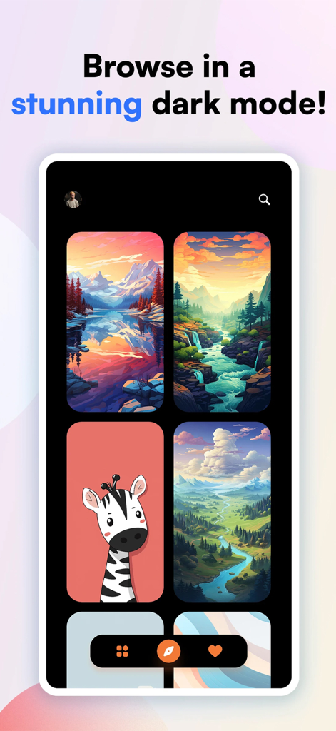 Lumina Wallpapers - Interfaz de la aplicación Fondos de Pantalla Lumina mostrando una galería de paisajes generados por IA y una ilustración de cebra en modo oscuro