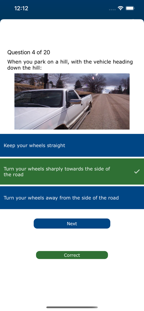 DelDOT app interface displaying a road safety quiz question about parking a vehicle on a hill