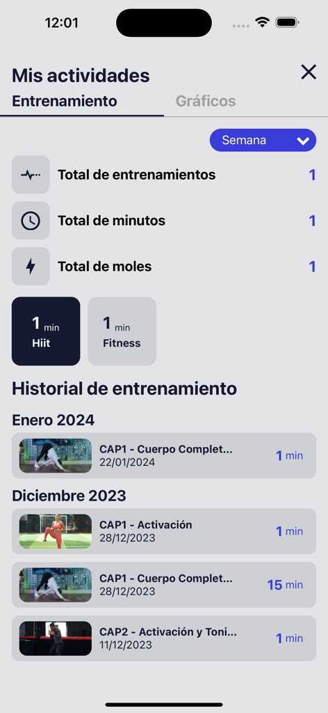Historial de entrenamiento del usuario y estadísticas de actividad en la app Tracende.