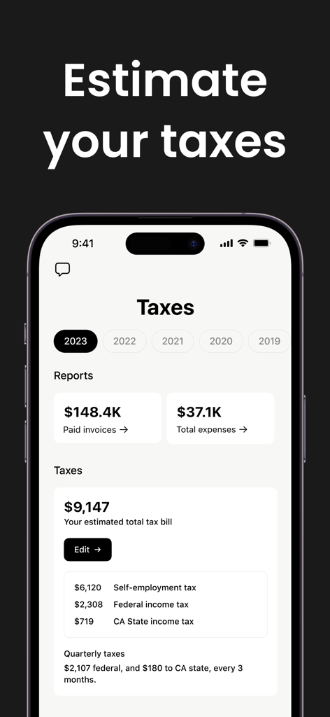 Tofu: Accounting & Bookkeeping - Tofu app interface showing a tax estimation report with paid invoices total expenses and a breakdown of federal and state taxes
