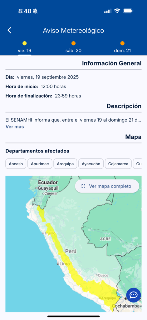 SENAMHI PERU Móvil - Mobile app screen showing a weather warning map of Peru with affected regions listed