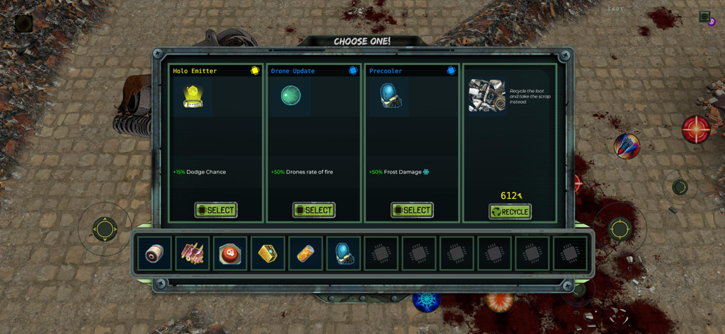 Scrappage‎ - An upgrade selection menu in the game Scrappage showing item choices and player inventory.