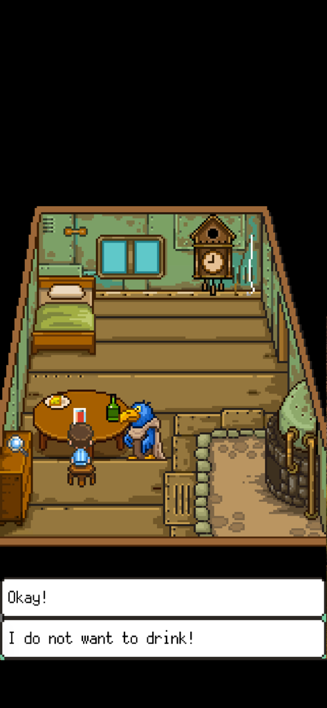 A pixel art dialogue scene in Bluebird of Happiness where a boy interacts with a bird-headed man in a surreal room.