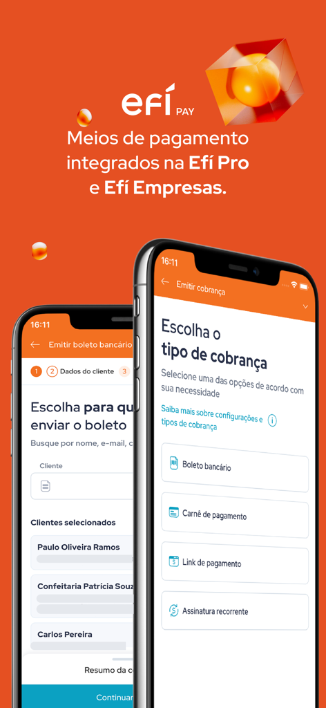 Interface do aplicativo Efí Bank para emitir cobranças empresariais através de boletos e links.