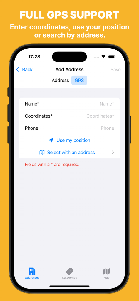 Maps Address Book - Interface for adding a new address using GPS coordinates or current location