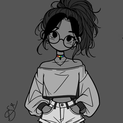 girl with a messy ponytail glasses a baggy crop top and jean shorts