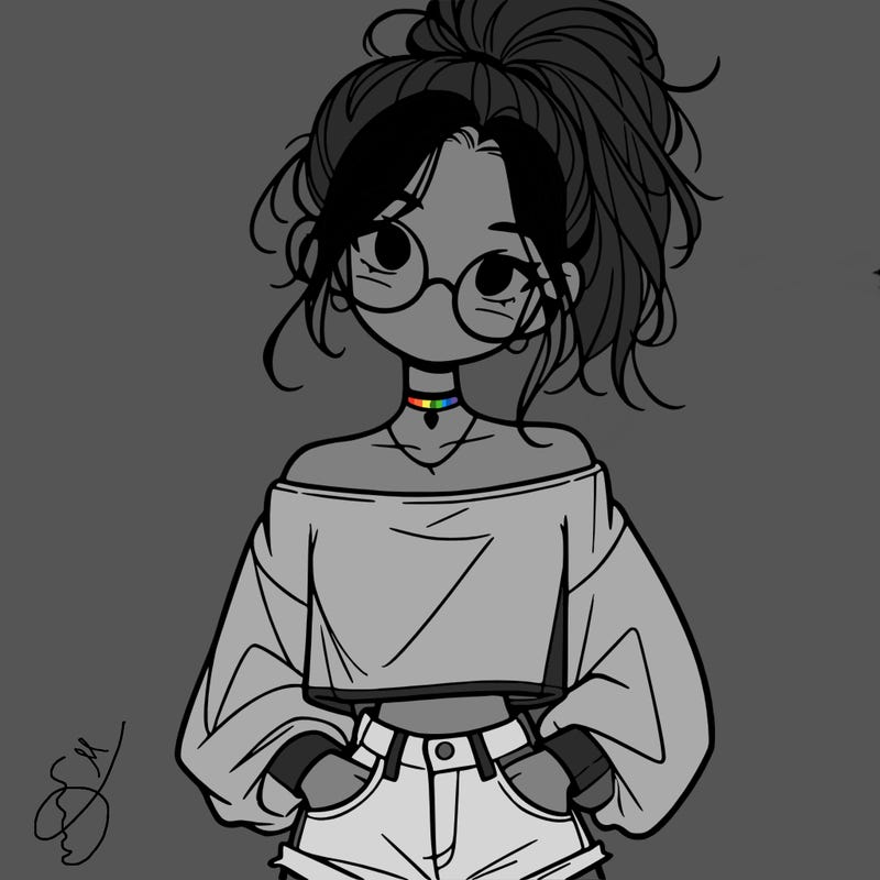 girl with a messy ponytail glasses a baggy crop top and jean shorts