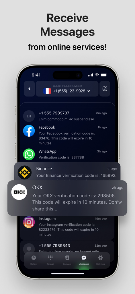 eSIM Plus: Second Phone Number - Mobile app interface showing SMS verification codes from Facebook and WhatsApp on a virtual phone number