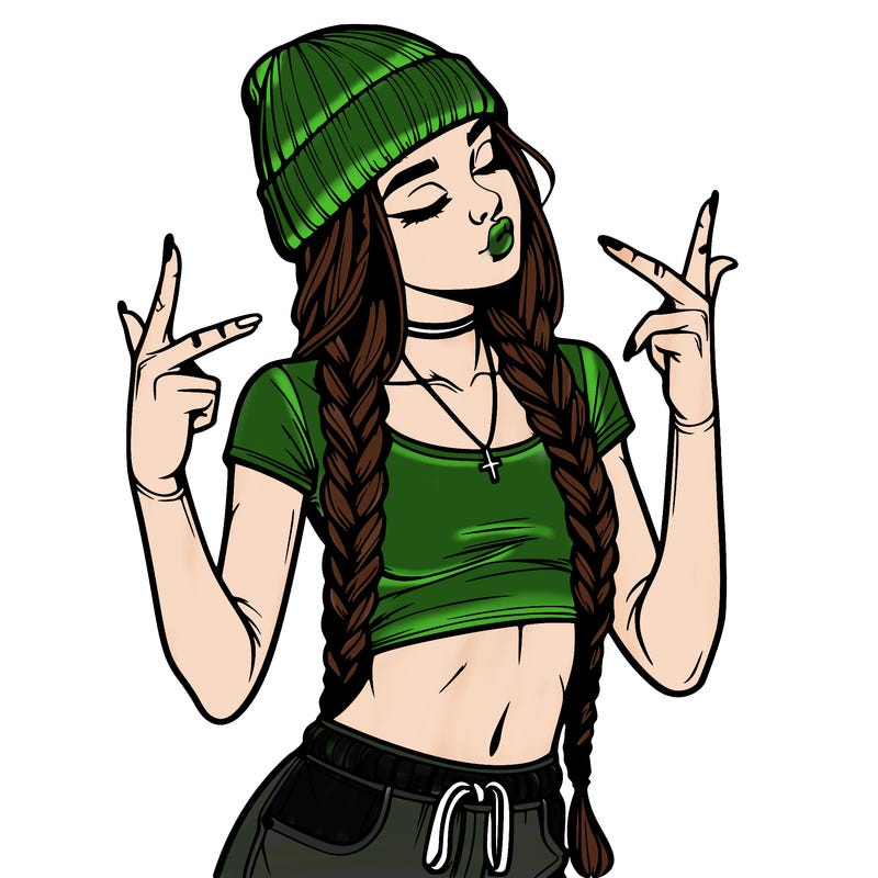 realistic teenage girl with braids and a beanie and crop top doing 🫶🏼