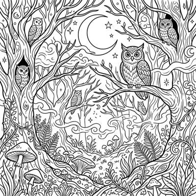 Immerse yourself in the serene beauty of a mystical night forest, where wise owls watch over a foggy, star-lit scene. This intricate coloring page invites you to explore a dreamlike woodland world under the glow of the moon.